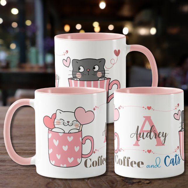 Cute Coffee and Cats Themed Monogram Personalised Mug (Creator Uploaded)