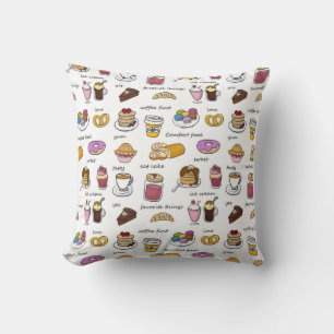Cute Coffee and Comfort Food Illustrated Pattern Cushion