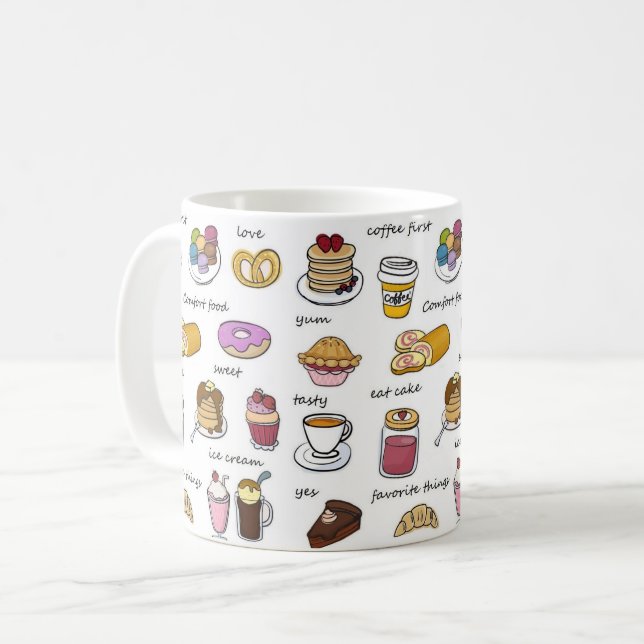 Cute Coffee and Comfort Food Illustrated Pattern Mug (Front Left)