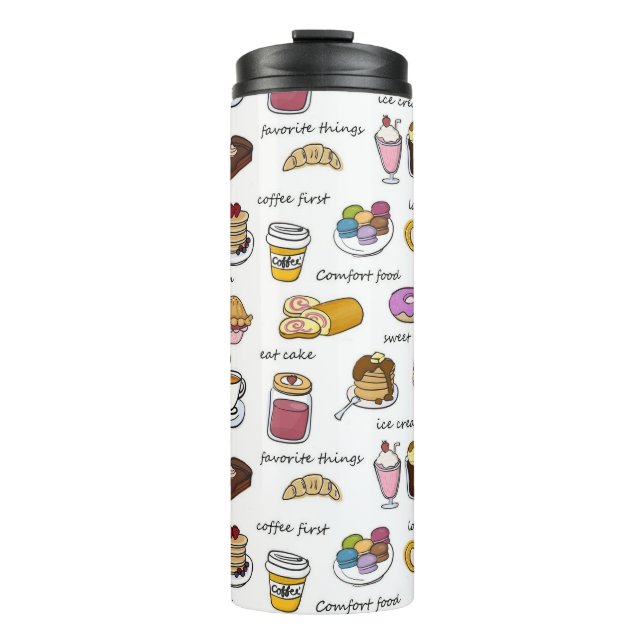 Cute Coffee and Comfort Food Illustrated Pattern Thermal Tumbler (Front)