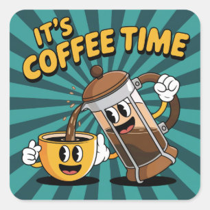 Cute Coffee and French Press Design – Morning Brew Square Sticker