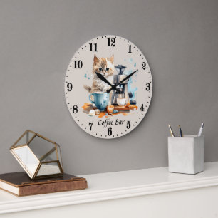 Cute coffee bar cat add text  large clock