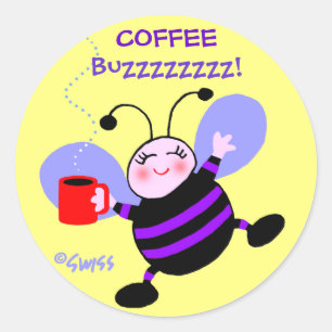 Cute Coffee Caffeine Buzz Busy Bee Purple Stripes Classic Round Sticker