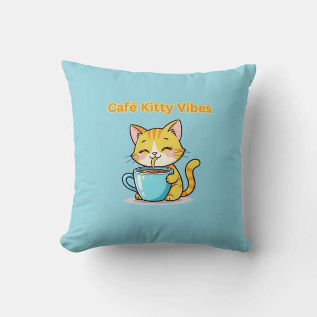 **Cute Coffee Cat – Adorable Cat Drinking Coffee I Cushion (Front)