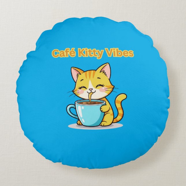 **Cute Coffee Cat – Adorable Cat Drinking Coffee I Round Cushion (Front)