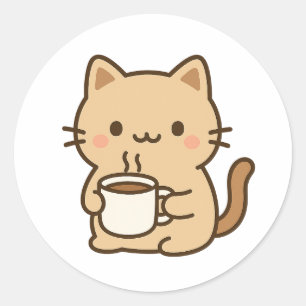 Cute Coffee Cat Kawaii Cozy Aesthetic Design Classic Round Sticker