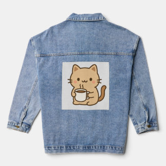 Cute Coffee Cat Kawaii Cozy Aesthetic Design Denim Jacket