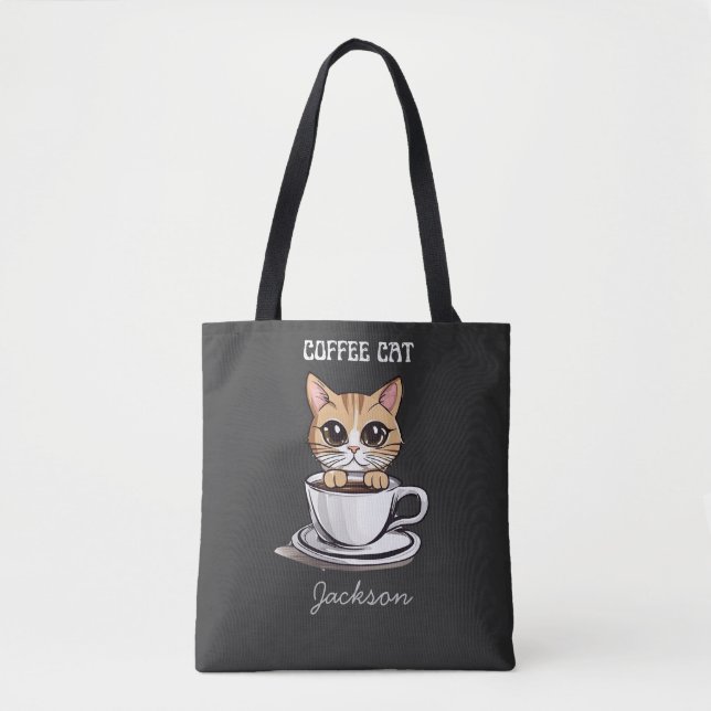Cute Coffee Cat Personalised Funny Tote Bag (Front)