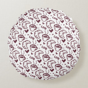 Cute Coffee & Croissant French Cafe Pattern Round Cushion