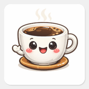 Cute Coffee Cup Character   Happy Coffee Lover Square Sticker