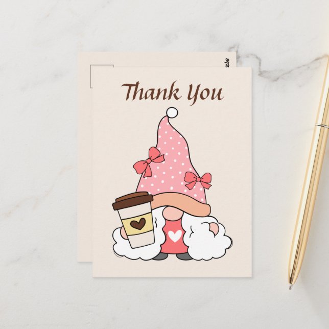 Cute coffee gnome add text thank you  postcard (Front/Back In Situ)
