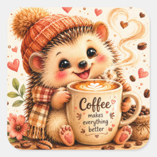 Cute Coffee Hedgehog Watercolor Art Square Sticker