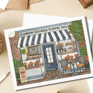 Cute Coffee House Storefront Watercolor Postcard
