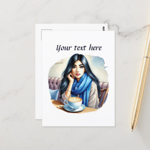 Cute coffee lady add text postcard