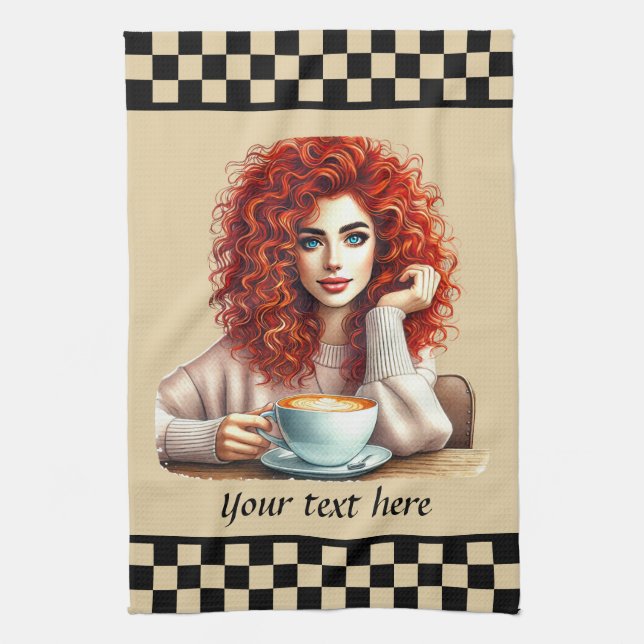 cute coffee lady add text  tea towel (Vertical)