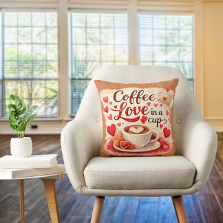 Cute Coffee Love in a Cup Valentine Quote Brown Cushion
