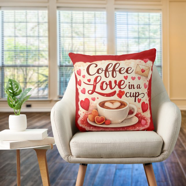 Cute Coffee Love in a Cup Valentine Quote Red Cushion (Creator Uploaded)