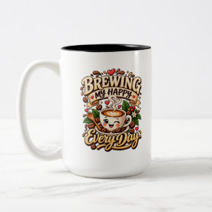 Cute Coffee Lover Brewing Happy Two-Tone Coffee Mug