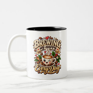 Cute Coffee Lover Brewing Happy Two-Tone Coffee Mug