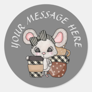 Cute coffee mouse add message classic round sticker