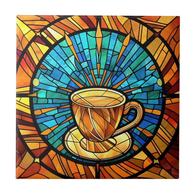cute coffee shop kitchen faux stained glass  ceramic tile (Front)