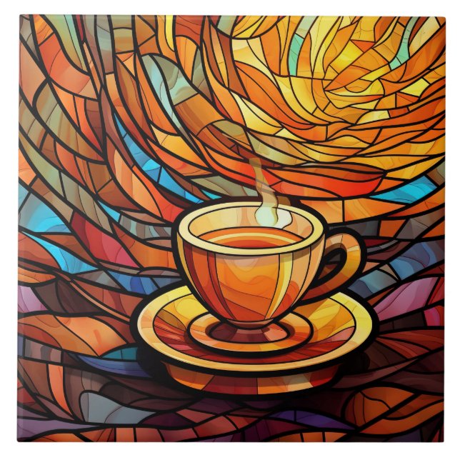 cute coffee shop kitchen faux stained glass ceramic tile (Front)