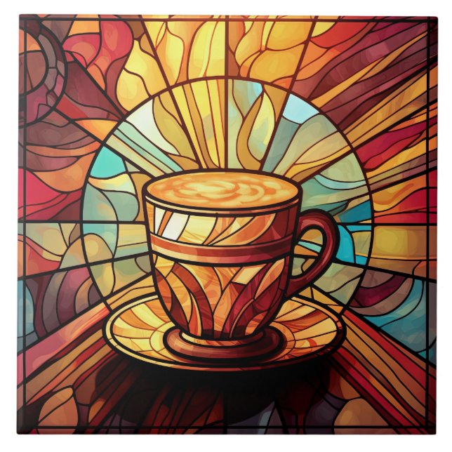 cute coffee shop kitchen faux stained glass  ceramic tile (Front)