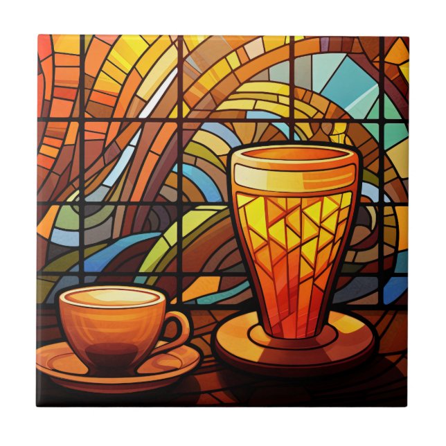 cute coffee shop kitchen faux stained glass  ceramic tile (Front)