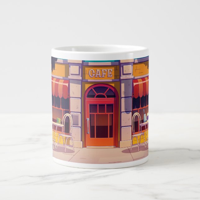 Cute Coffee Shop Wrap-Around Design Large Coffee Mug (Front)