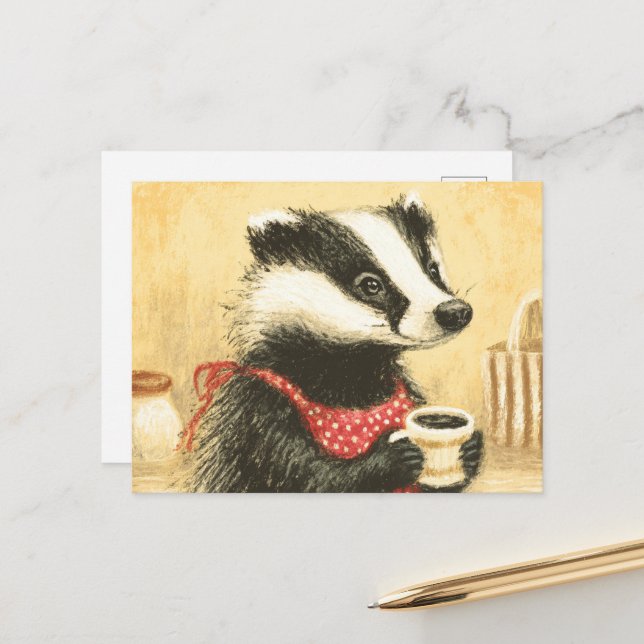 Cute Coffee Time With Adorable Miss Badger Postcard (Front/Back In Situ)