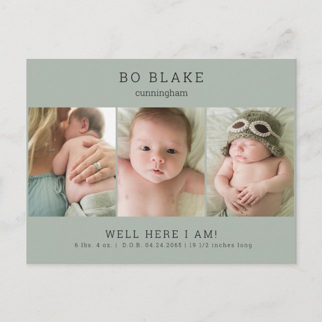 Cute Collage Photo Sage Baby Birth Announcement (Front)