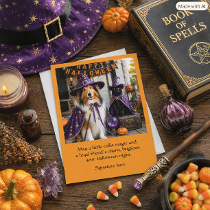 Cute Collie & Cat Halloween Wizard Greeting Card