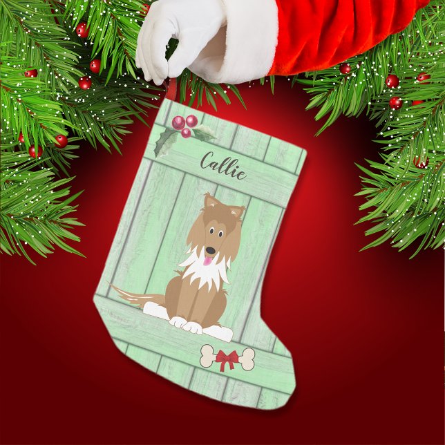 Cute Collie Dog Green Wooden Fence Monogram Small Christmas Stocking (Creator Uploaded)