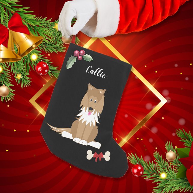 Cute Collie Dog Monogram Black Small Christmas Stocking (Creator Uploaded)