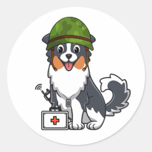 Cute Collie Dog Wearing army helmet Classic Round Sticker