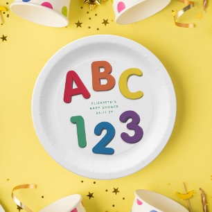 Cute colorful ABC 123 neutral baby shower Paper Plate