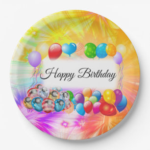 Cute, Colorful Balloons, Fireworks, Birthday Paper Plate