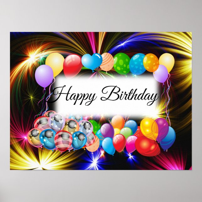 cute, Colorful Balloons, Fireworks, Birthday Poster (Front)