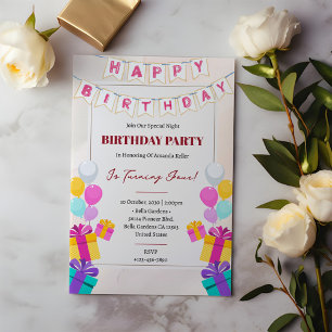 Cute Colorful Balloons & Gifts Kids Birthday Party Invitation