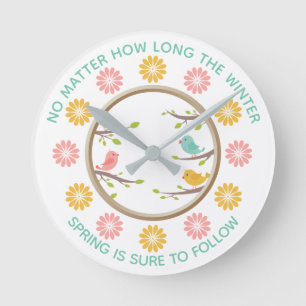 Cute & Colorful Birds & Flowers Springtime Round Clock