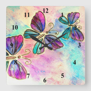 Cute Colorful Butterflies - Watercolor Square Wall Clock