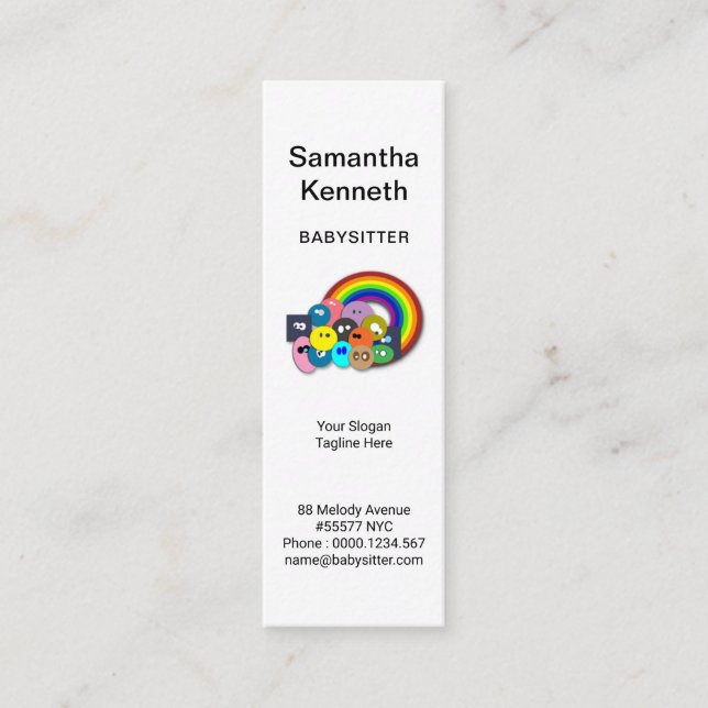 Cute Colorful Children Bright Rainbow Babysitter Mini Business Card (Front)