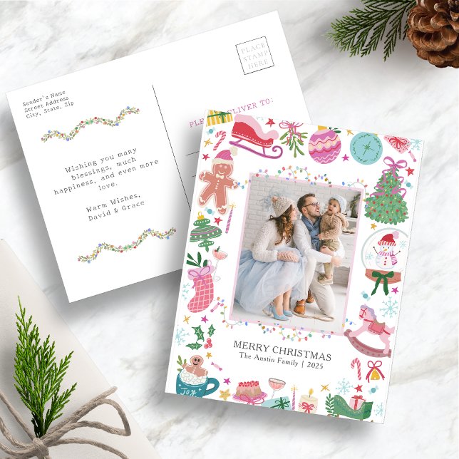 Cute Colorful Christmas Postcard (Hand-drawn Whimsical Charm Chic Holiday  Colorful Christmas Photo Postcard by Painted Paperie)