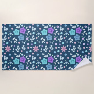 Cute Colorful Floral Pattern on Blue Background Beach Towel