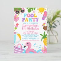 Cute Colorful Girls Retro Pool Party Birthday
