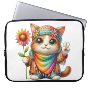 CUTE COLORFUL HIPPIE CAT WITH SUNFLOWER LAPTOP SLEEVE