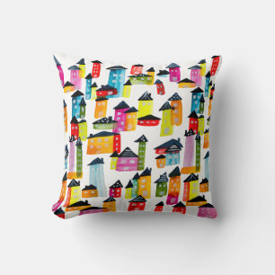 Cute colorful houses watercolor art cushion