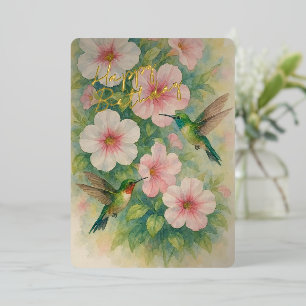 Cute Colorful Hummingbirds Gold Foil Birthday Card