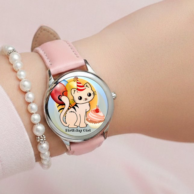 Cute Colorful Kitty Birthday  Watch (Cute festive girly birthday watch featuring a kitten with balloons and a cupcake)