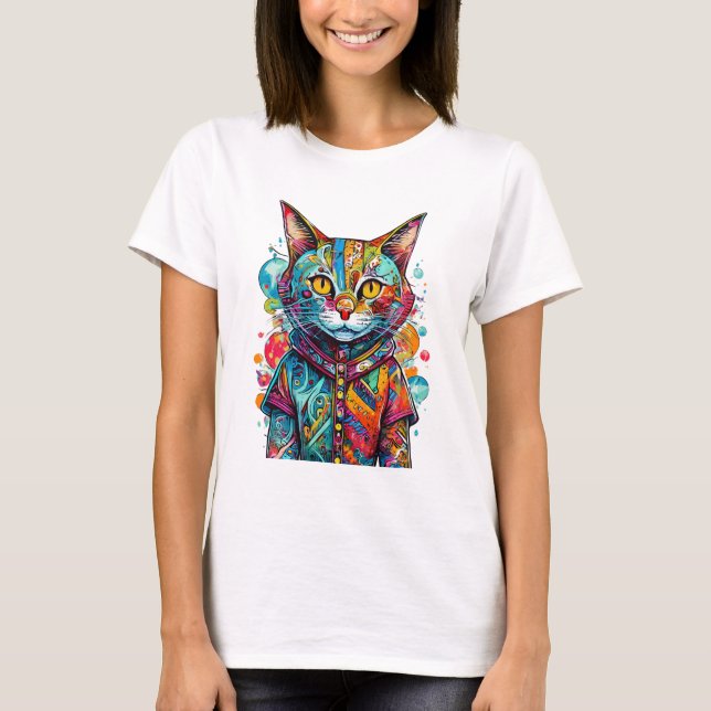 Cute Colorful Kitty Cat Abstract Art Design T-Shirt (Front)